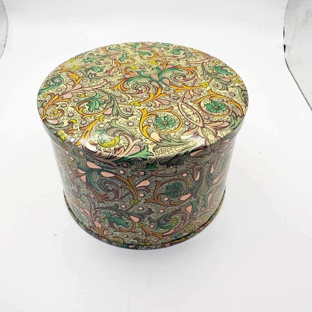Elite Vintage Pretty Round Tin - Made in England 4x3 Floral Green Yellow